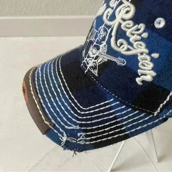 Vintage TRUE RELIGION Hat Distressed Blue Plaid Buddha Baseball Trucker RARE - Picture 9 of 9